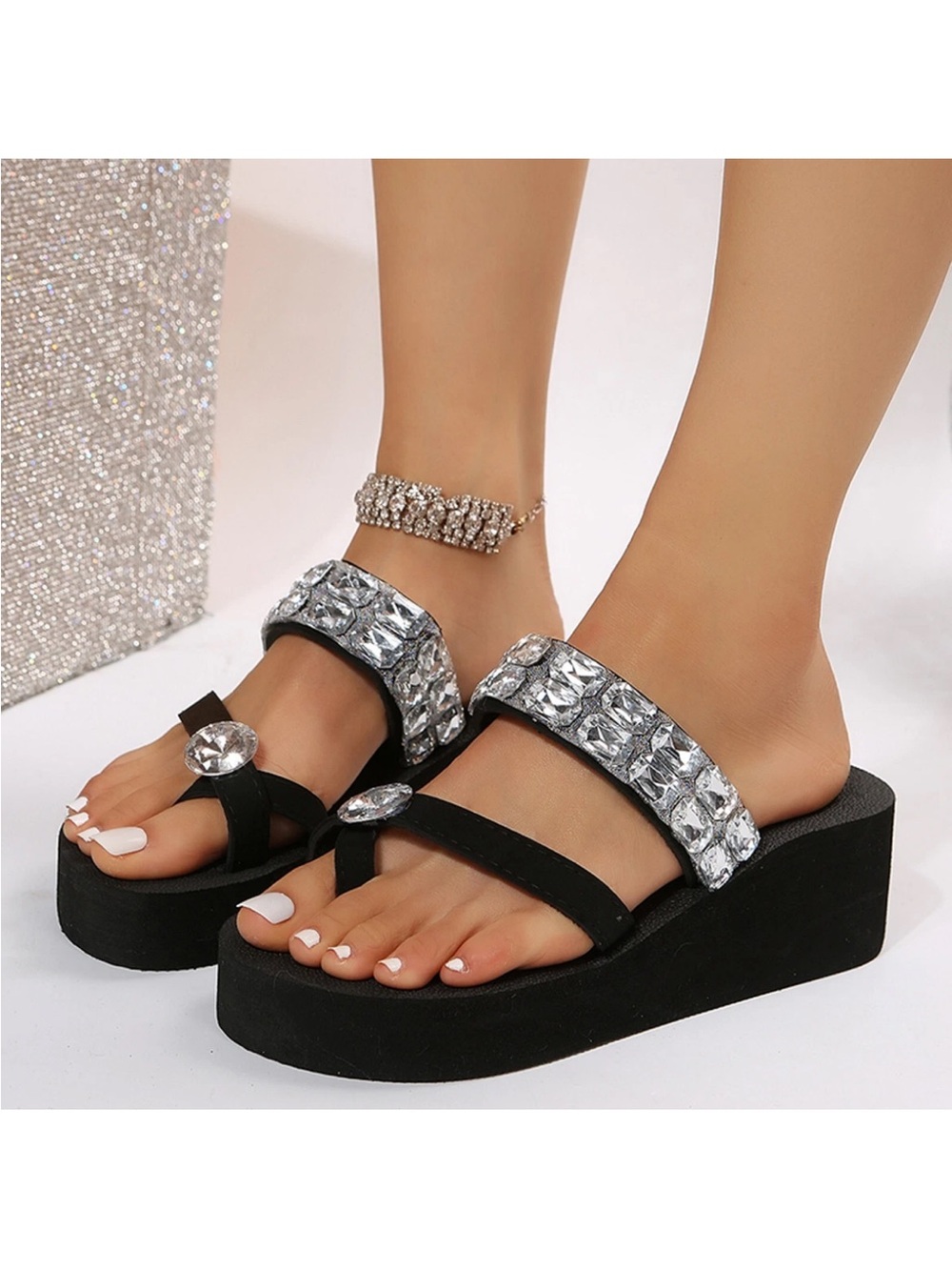 Black Wedge Sandals with Silver Crystal Accents brand new so adorable 7 💕